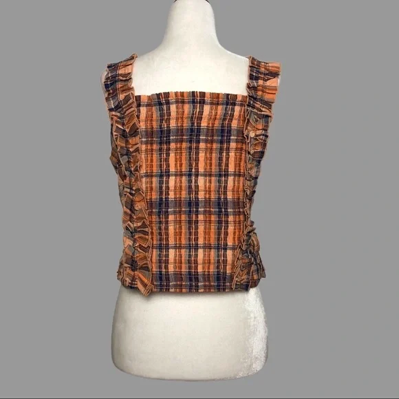 💛 2X 💛 NWT Anthro Tank Top Plaid Ruffled Ruched Cropped Plus Size - Picture 2 of 6